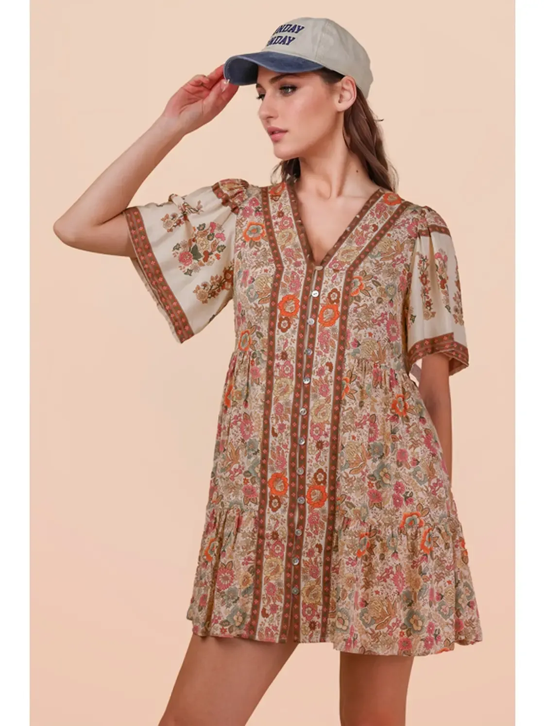 Shirring Detail Printed Woven Mini Dress
