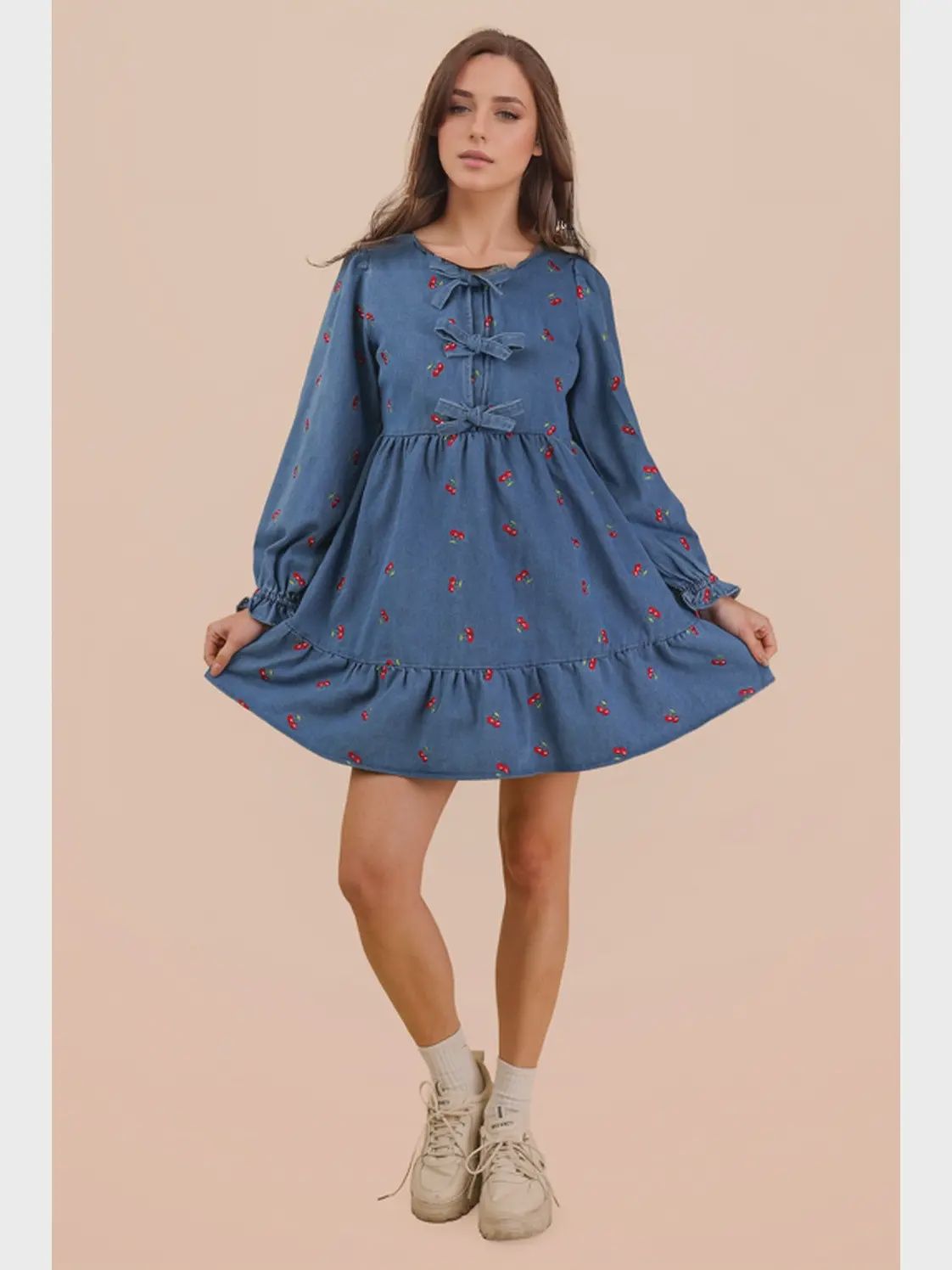 Soft Washed Denim Printed Casual Mini Dress, Size: Small