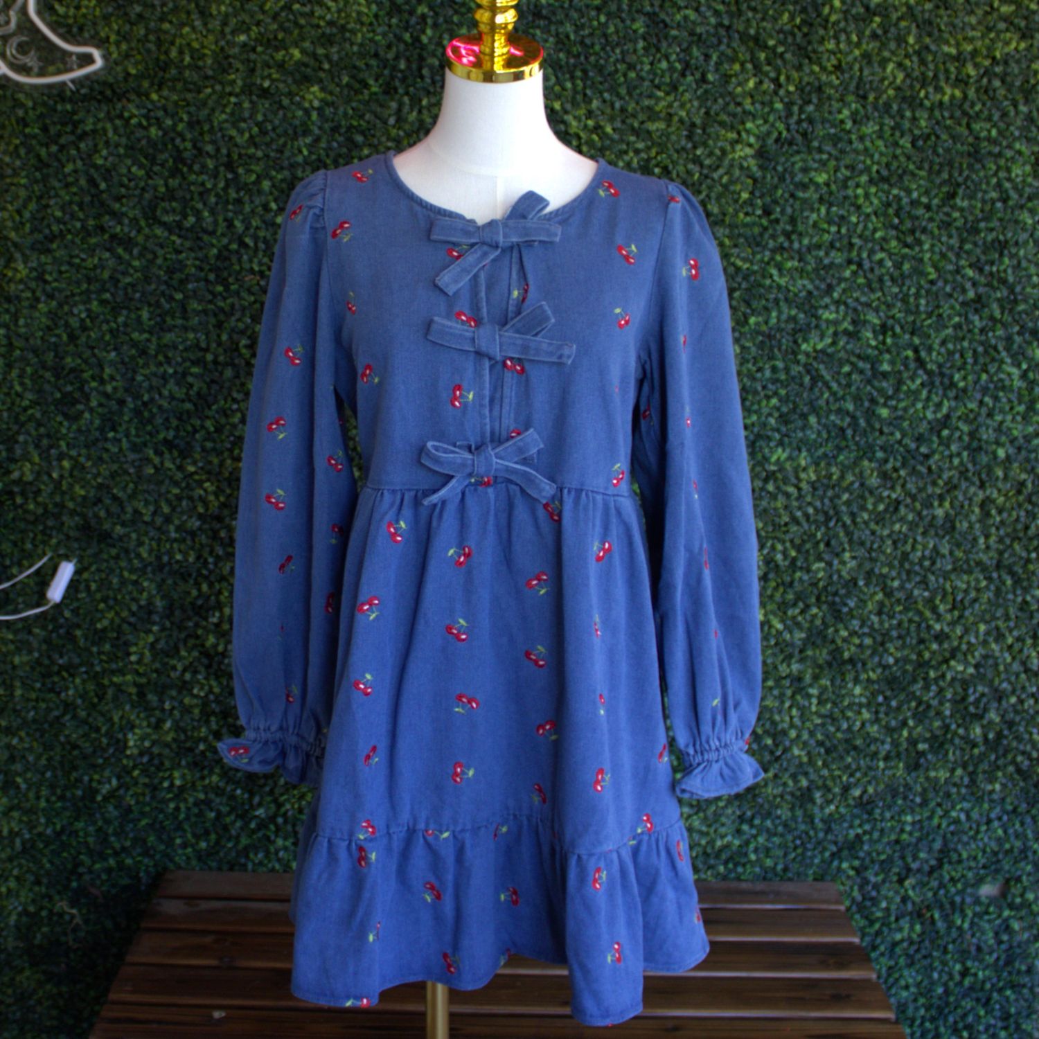 Soft Washed Denim Printed Casual Mini Dress, Size: Small