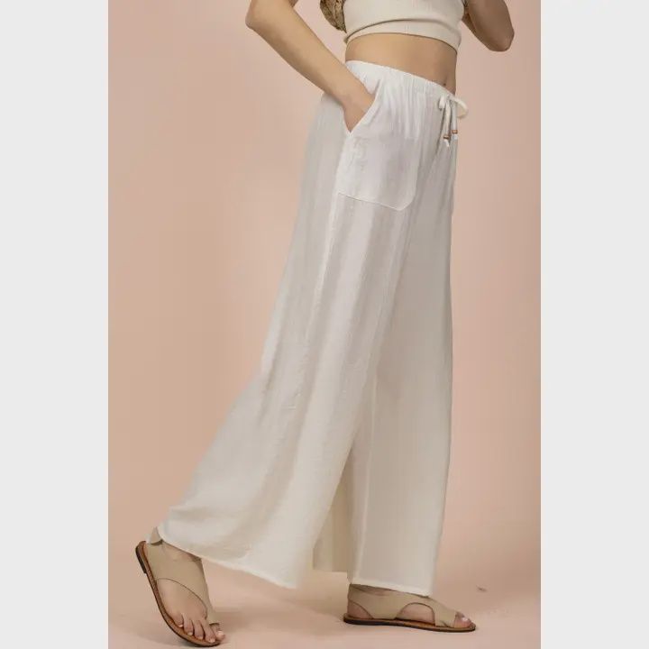 Plus Size Wide Leg Woven Pants, Color: White, Size: 1X-Large