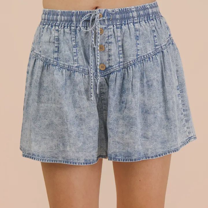 ashed Chambray Button Down Flare Shorts, Color: Light Indigo, Size: Small
