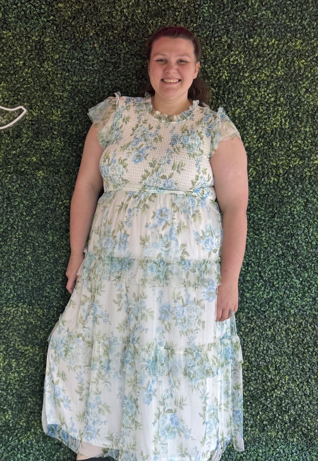 Plus Floral Tulle Pattern Smocked Midi Dress, Size: 1X-Large