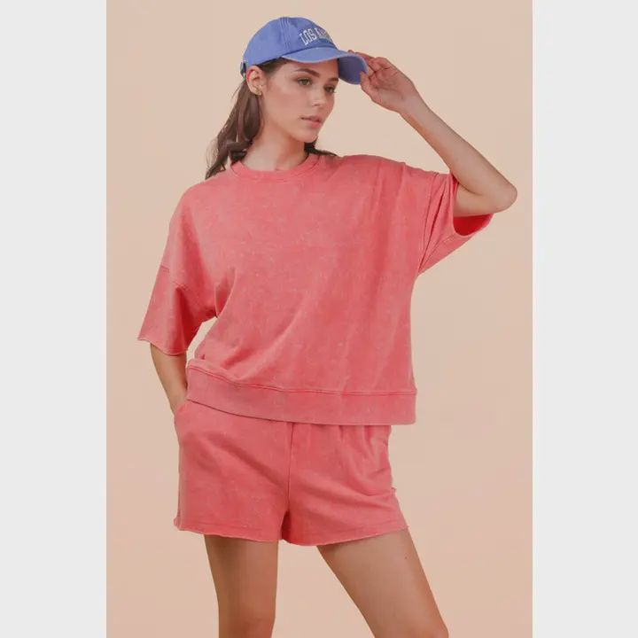 Mineral Washed Knit Casual Top &amp; Shorts, Color: Coral, Size: Small