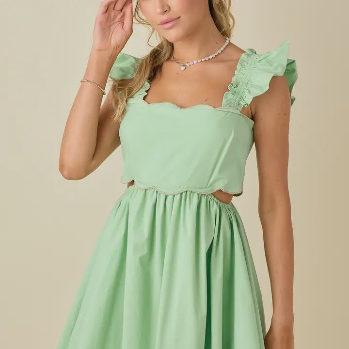Scallop Mini Dress with Ruffled Shoulder, Size: Small