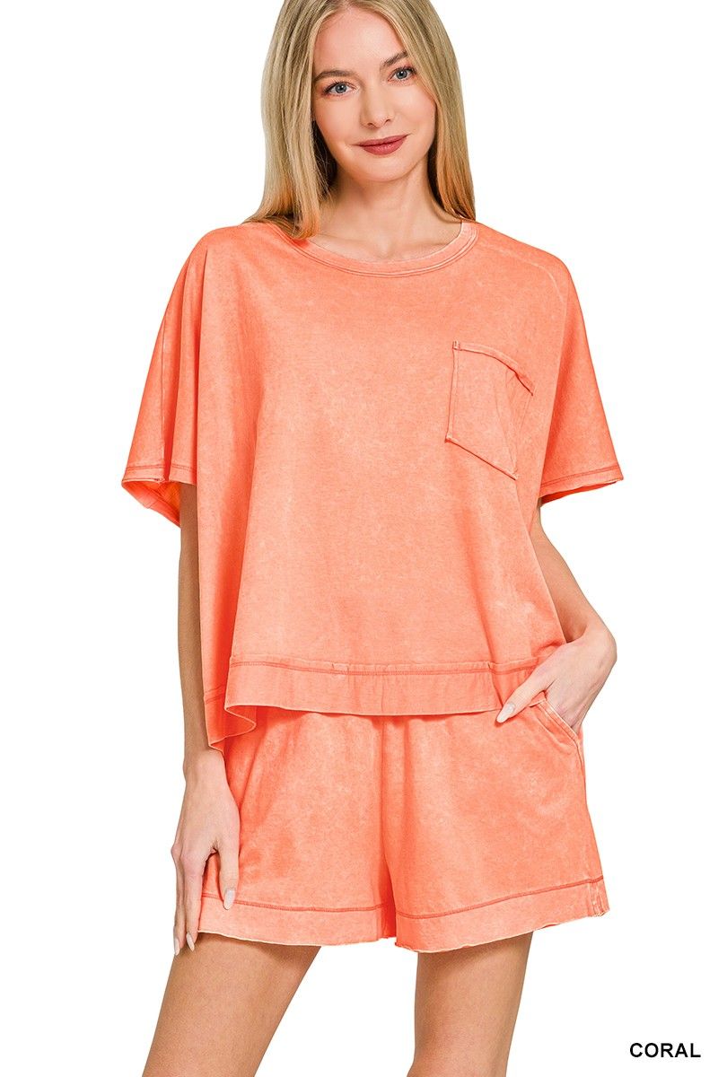 Acid Washed Oversized Top &amp; Shorts Set, Color: Coral, Size: Small