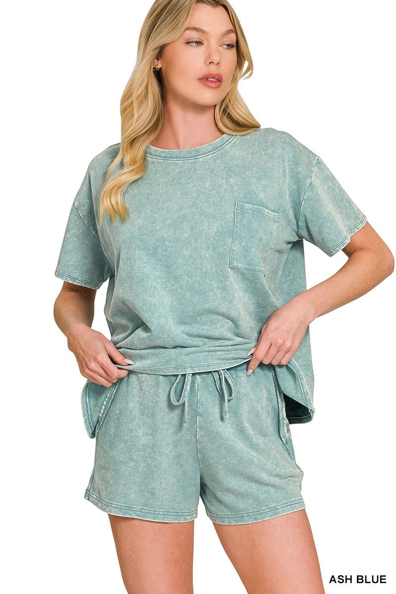 French Terry Acid Washed Relaxed Top &amp; Short Set, Color: Ash Blue, Size: Small