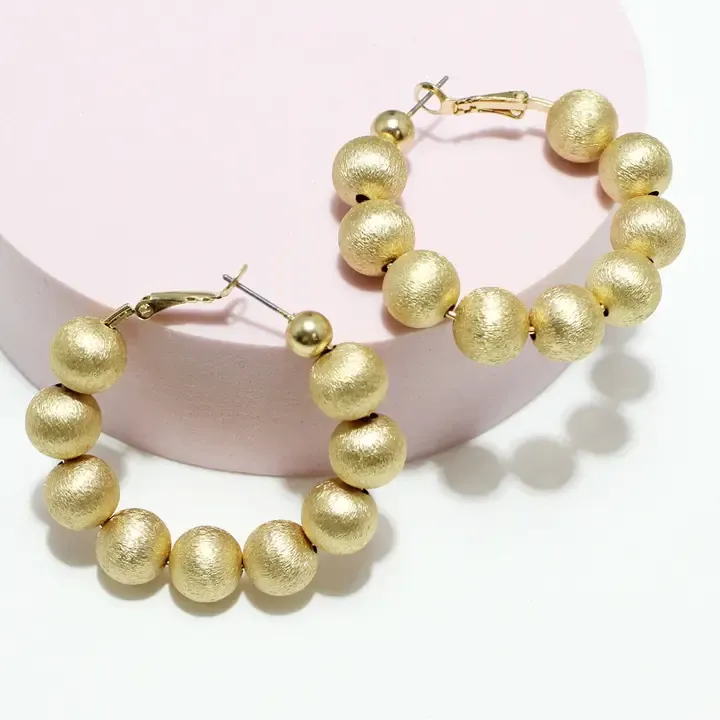 Lightweight Brass Textured Ball Bead Hoop Earring, Color: Gold