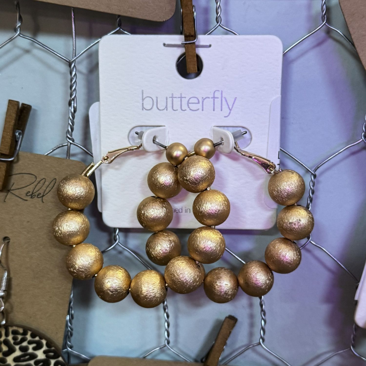 Lightweight Brass Textured Ball Bead Hoop Earring, Color: Gold
