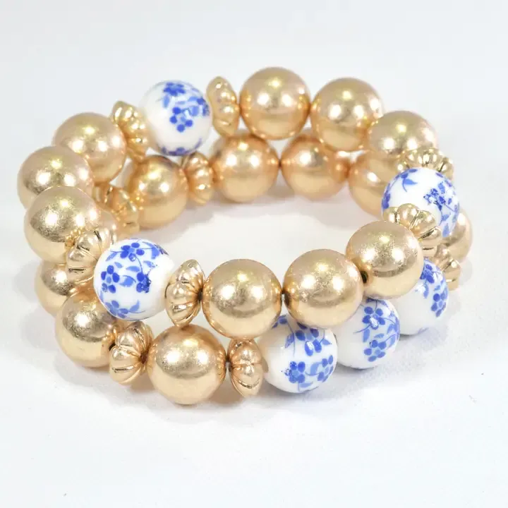 Floral Ceramic Ball Bead Multi Layered Bracelet