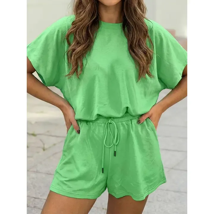 Solid Color Puffy Loose Top Drawstring Shorts 2pcs Outfit, Color: Neon Green, Size: Small