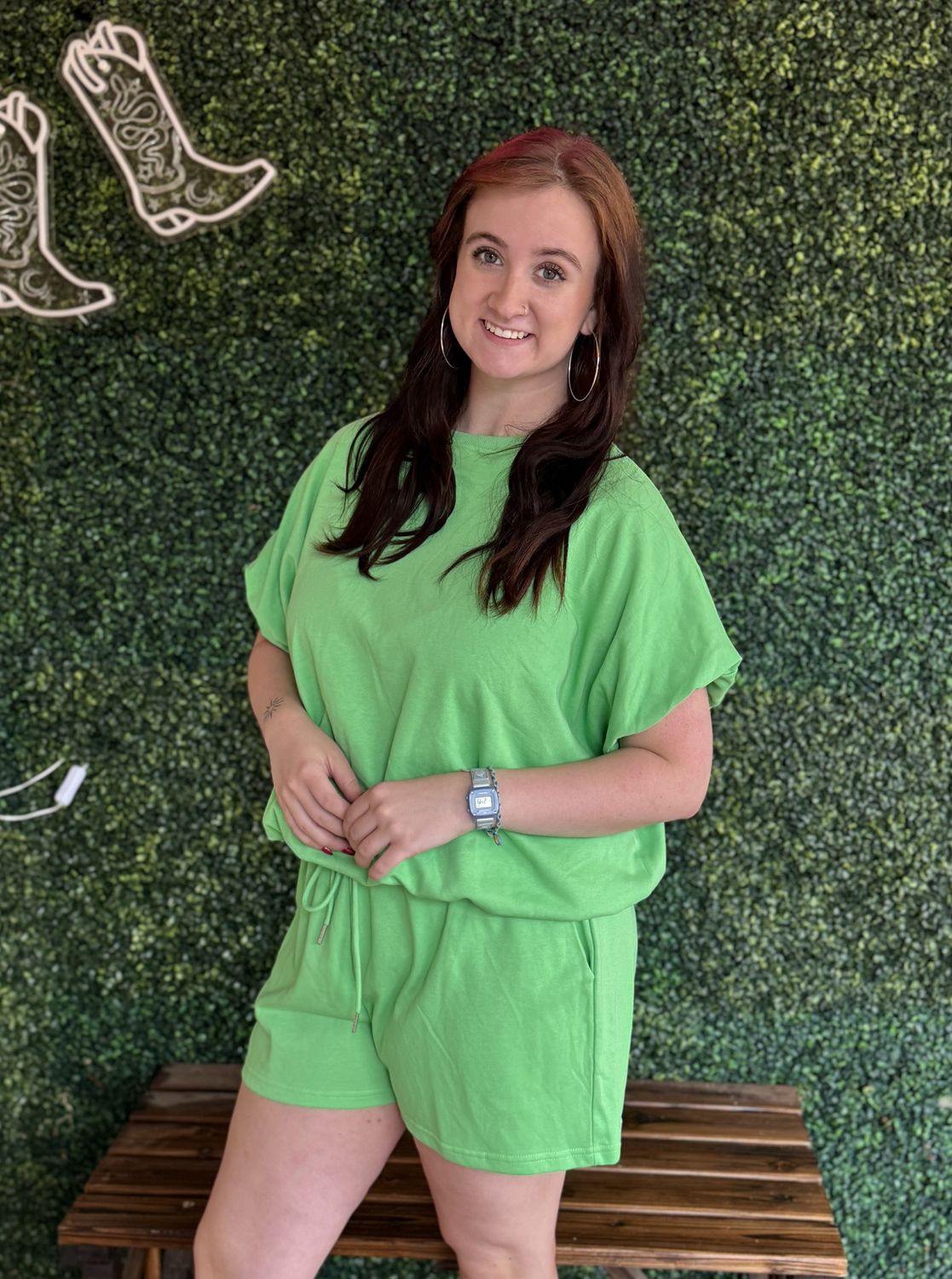 Solid Color Puffy Loose Top Drawstring Shorts 2pcs Outfit, Color: Neon Green, Size: Small