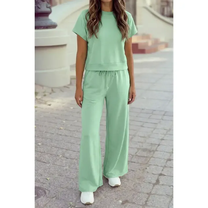 Solid Color Tee Drawstring Wide Leg Pants 2pcs Outfit, Size: Small