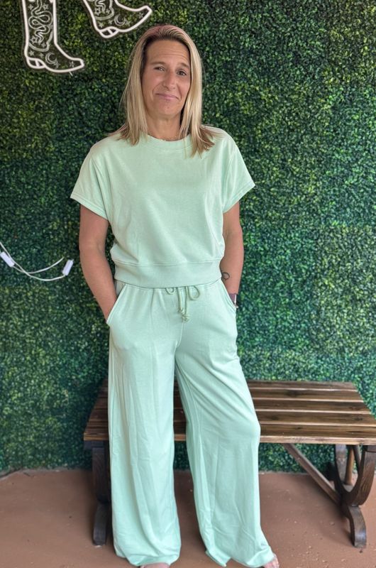 Solid Color Tee Drawstring Wide Leg Pants 2pcs Outfit
