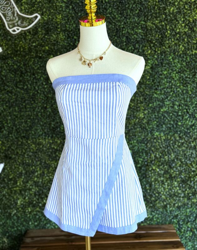 Cotton Denim Stripe Tube Romper with Wrap Skirt