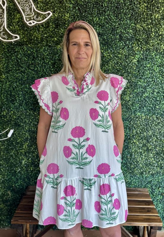 Floral Print Scalloped Trim V Neck Mini Dress