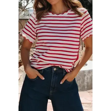 Stripe Scalloped Trim Round Neck T Shirt