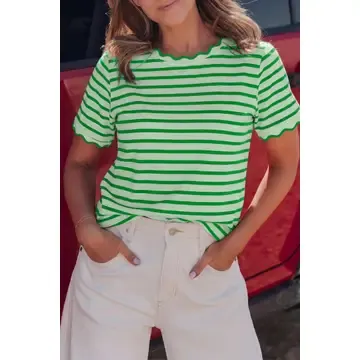 Stripe Scalloped Trim Round Neck T Shirt, Color: Green, Size: Small