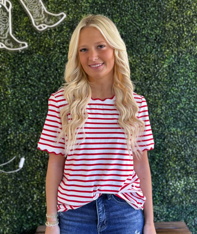 Stripe Scalloped Trim Round Neck T Shirt