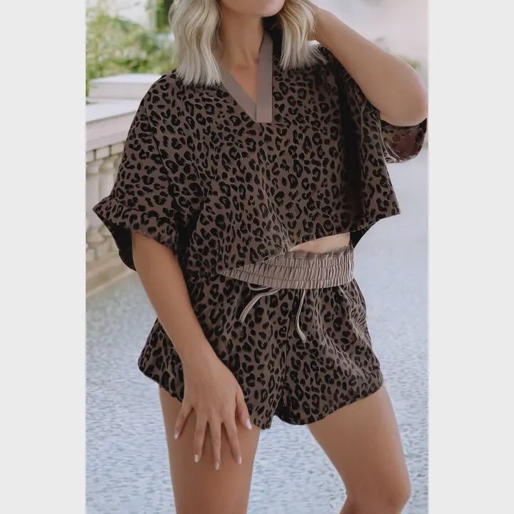 V Neck Collar Patchwork Leopard Printed 2pcs Short Set, Size: Small