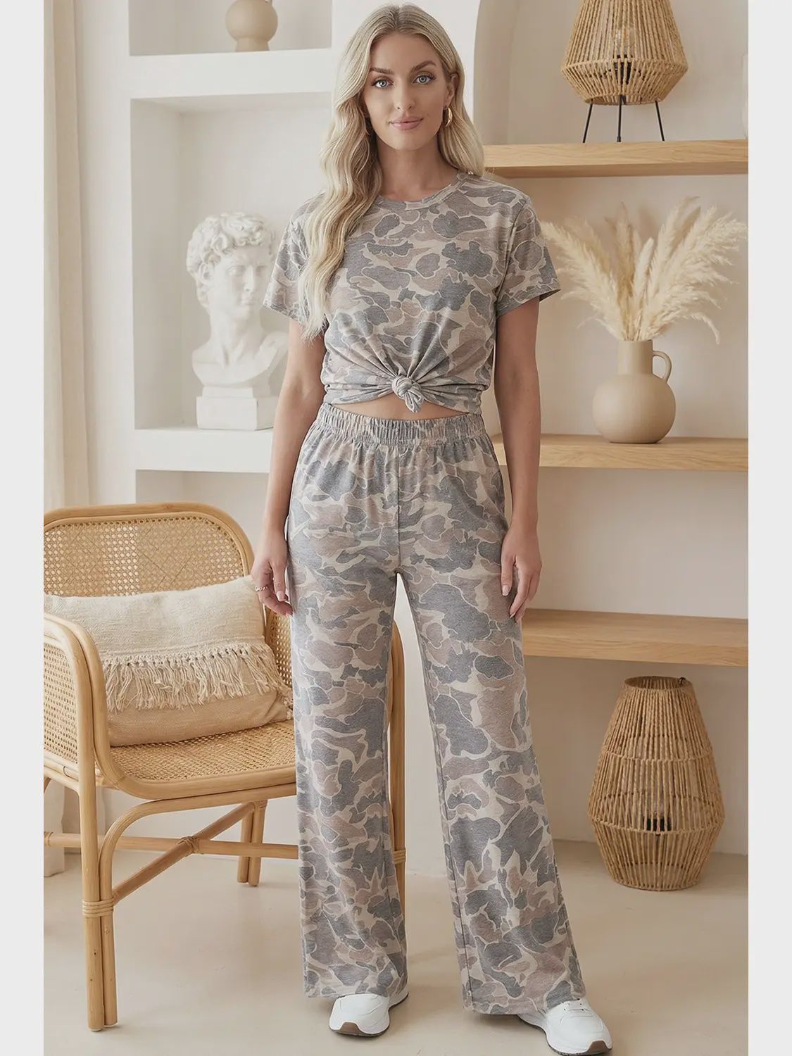 Plus Camouflage Print Tee and Wide-Leg Lounge Set, Size: Small