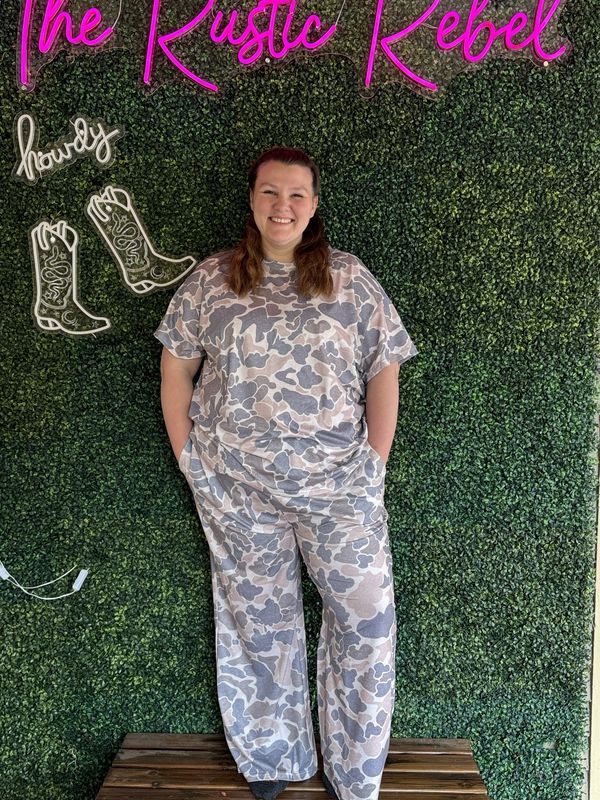 Plus Camouflage Print Tee and Wide-Leg Lounge Set