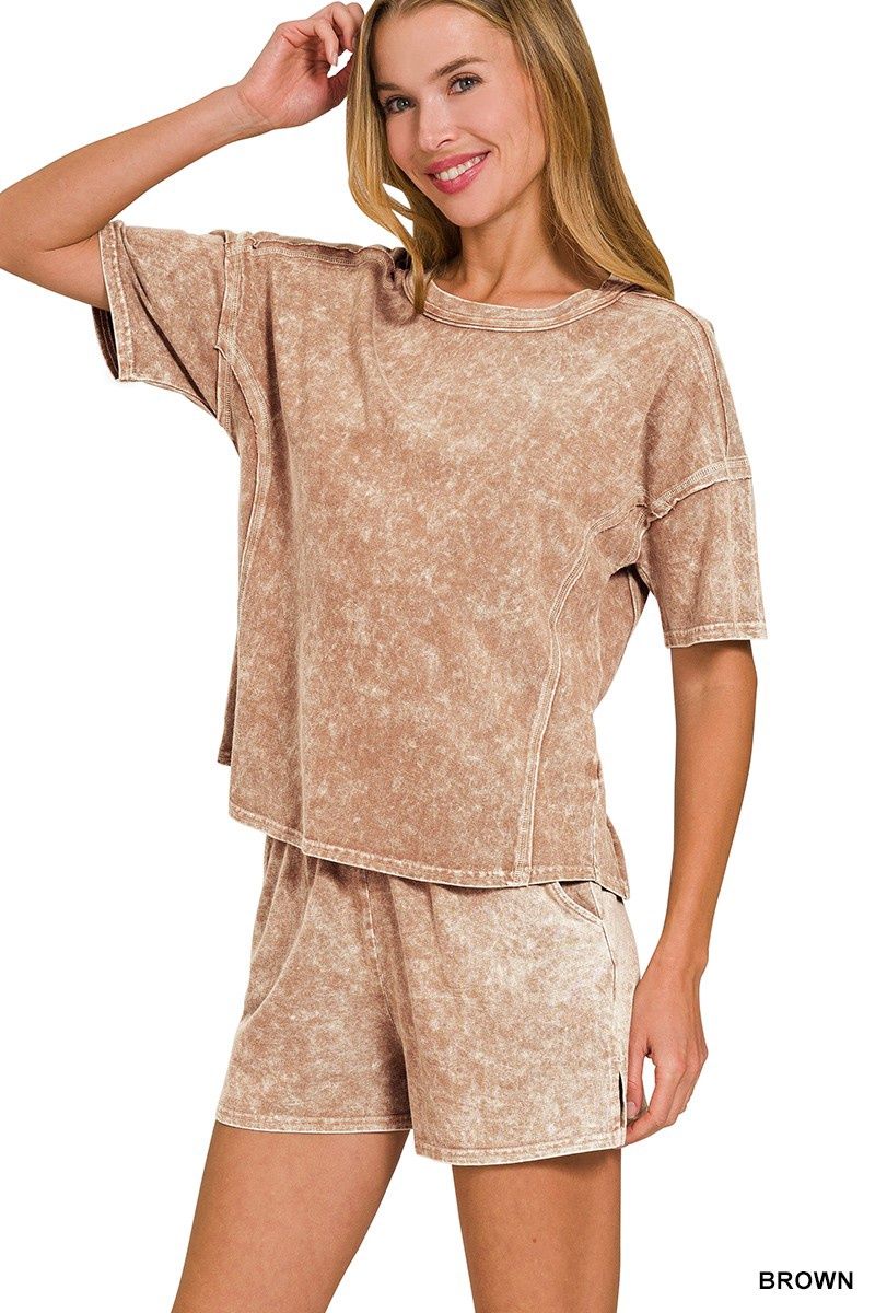 Halo Snow Washed Short Sleeve Tee &amp; Shorts Set, Color: Brown, Size: Small