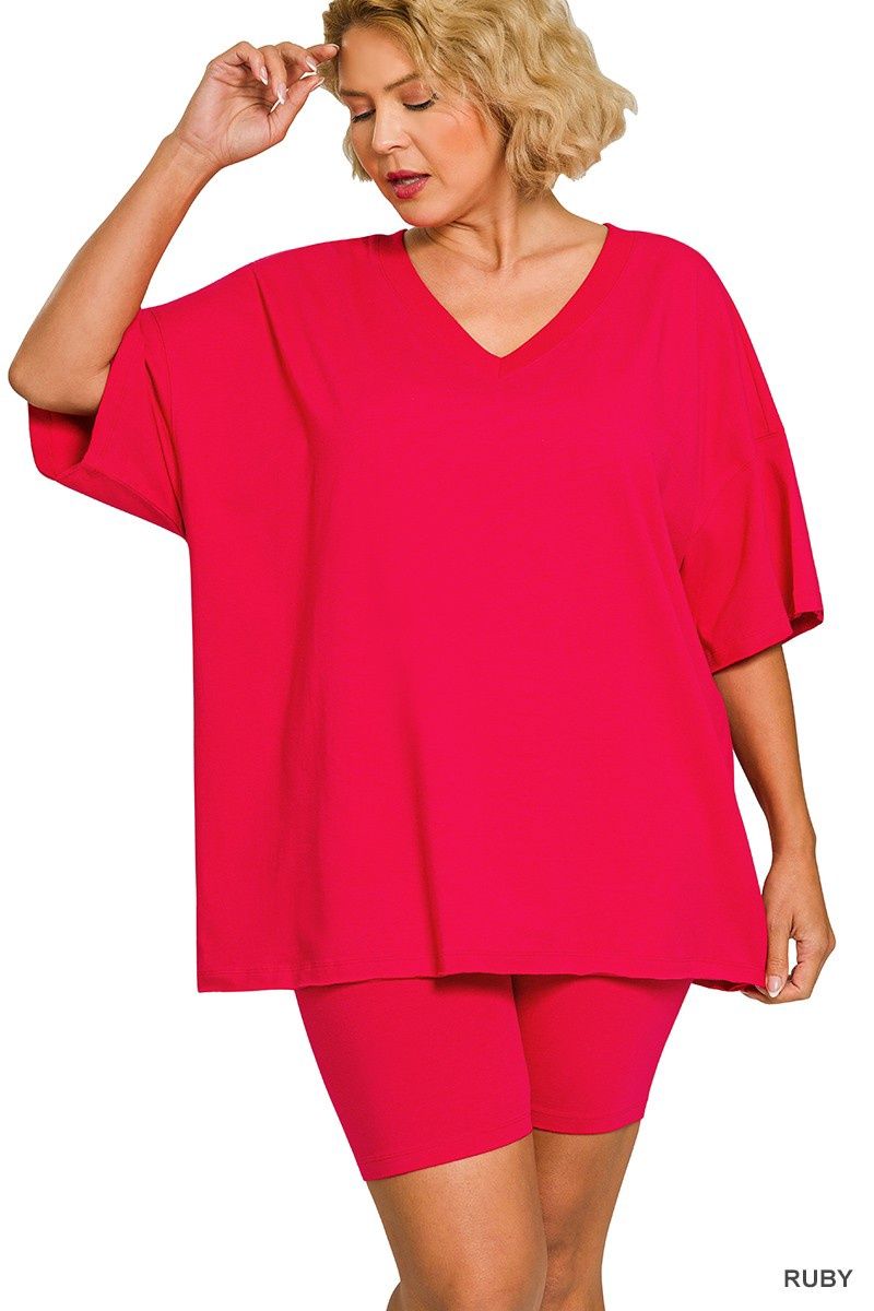 Plus Cotton V-neck Top &amp; Biker Shorts Set, Color: Ruby, Size: 1X-Large