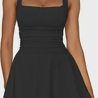 Mini Dress with Square Neck Waist Pleated Hem, Color: Black, Size: Small