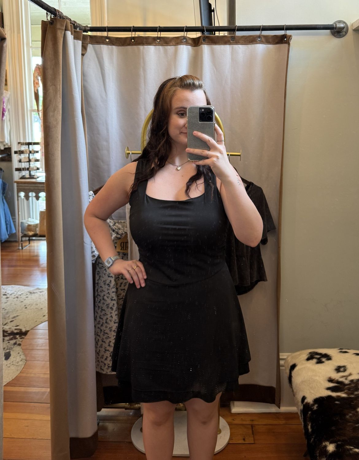 Mini Dress with Square Neck Waist Pleated Hem, Color: Black, Size: Small