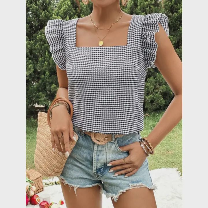 Checkered Square Collar Ruffled Shirt Top, Color: Black, Size: Small