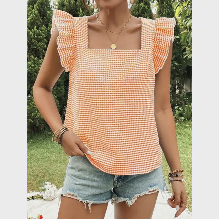 Checkered Square Collar Ruffled Shirt Top
