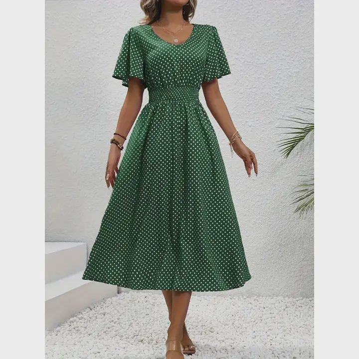V-Neck Polka Dot Pullover Casual Dress, Color: Green, Size: Small