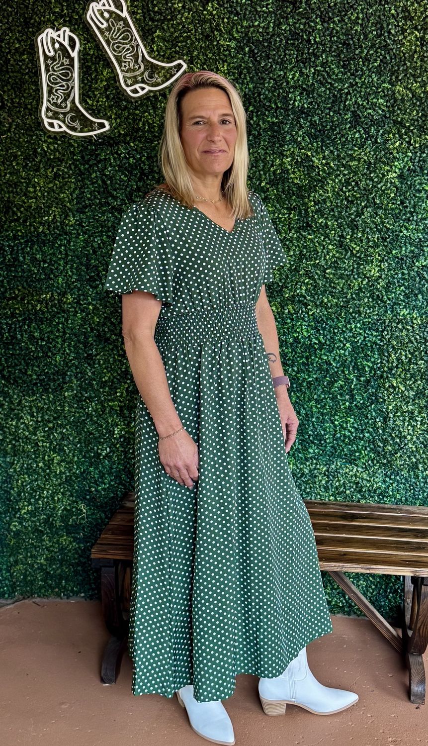V-Neck Polka Dot Pullover Casual Dress, Color: Green, Size: Small