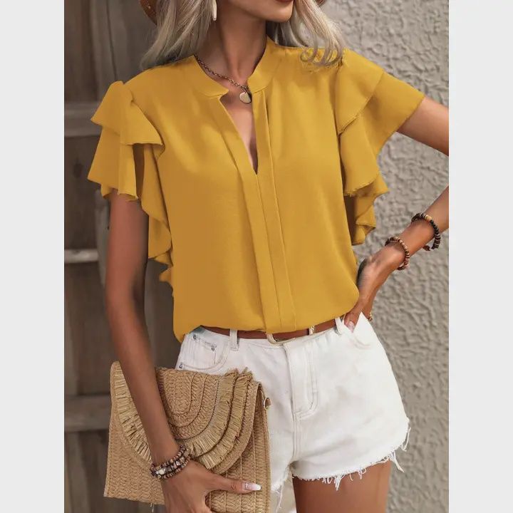 V-Neck Casual Double-Layer Ruffle Sleeve Solid Color Shirt