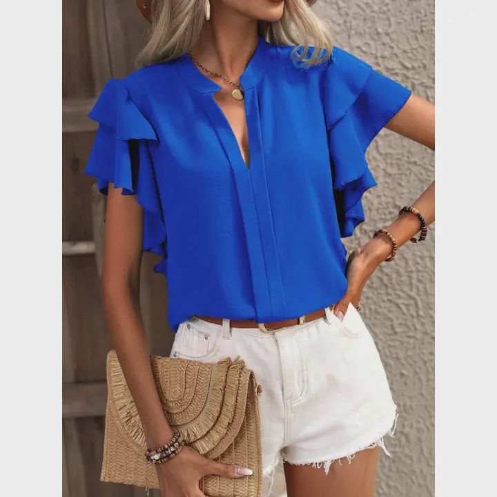 V-Neck Casual Double-Layer Ruffle Sleeve Solid Color Shirt, Color: Royal Blue, Size: Small