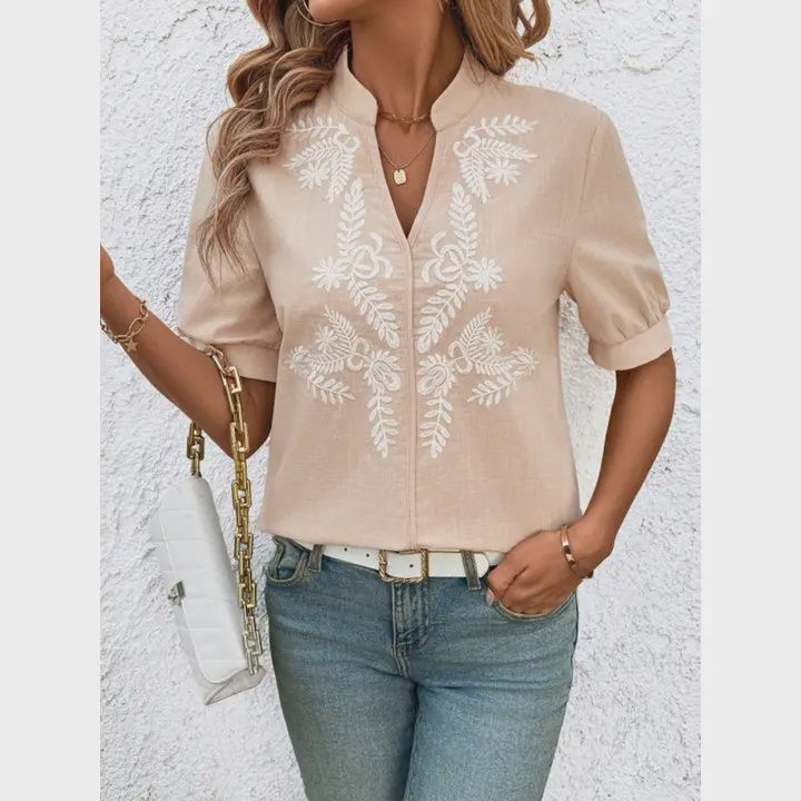 V-Neck Embroidered Short Sleeved Shirt, Color: Beige, Size: Small