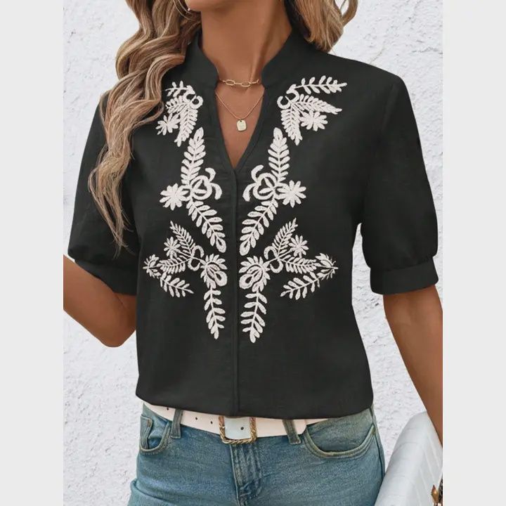 V-Neck Embroidered Short Sleeved Shirt