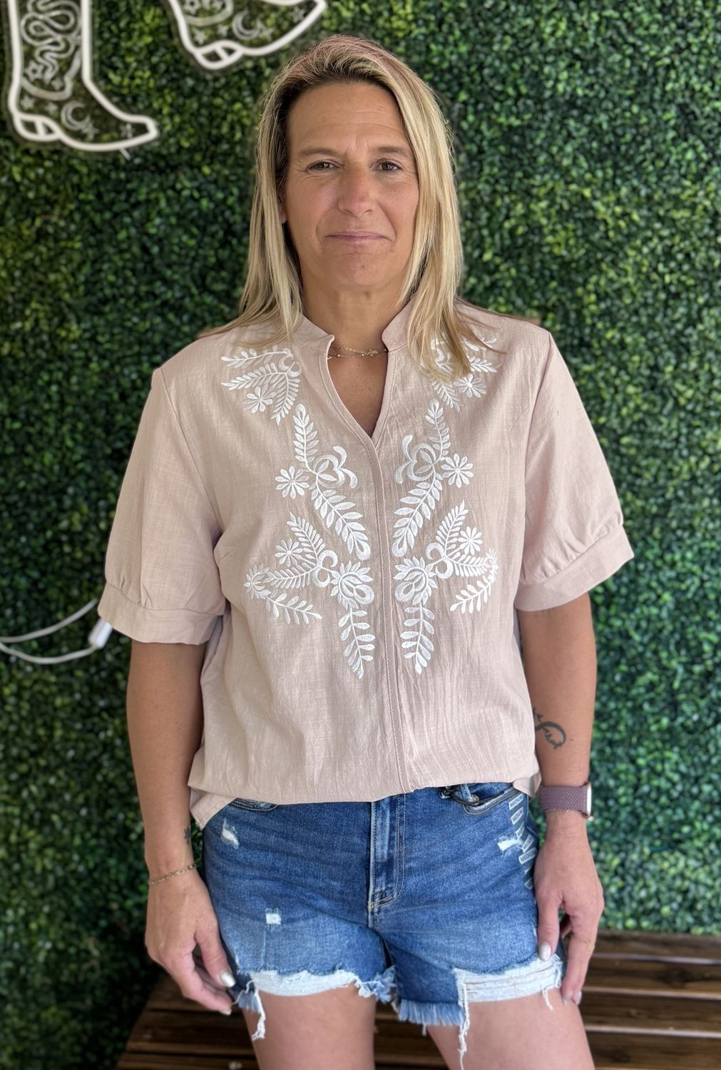 V-Neck Embroidered Short Sleeved Shirt, Color: Beige, Size: Small