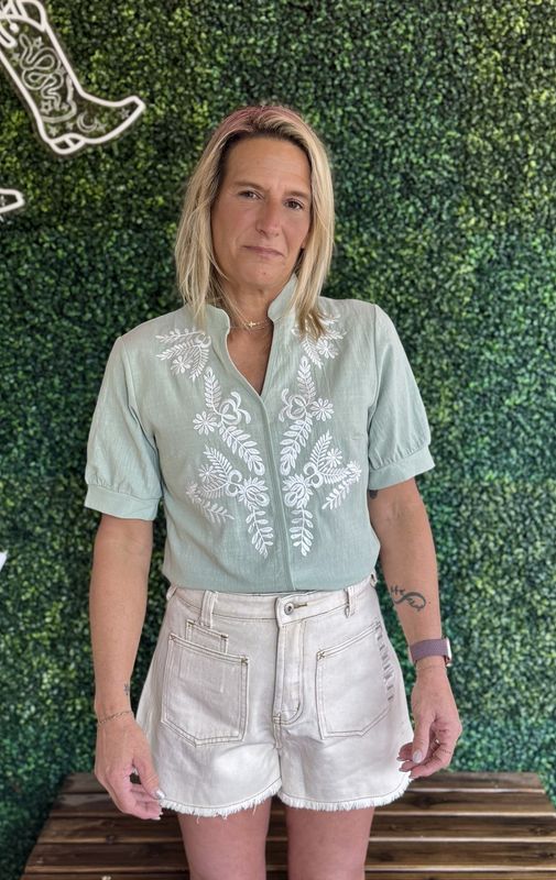 V-Neck Embroidered Short Sleeved Shirt