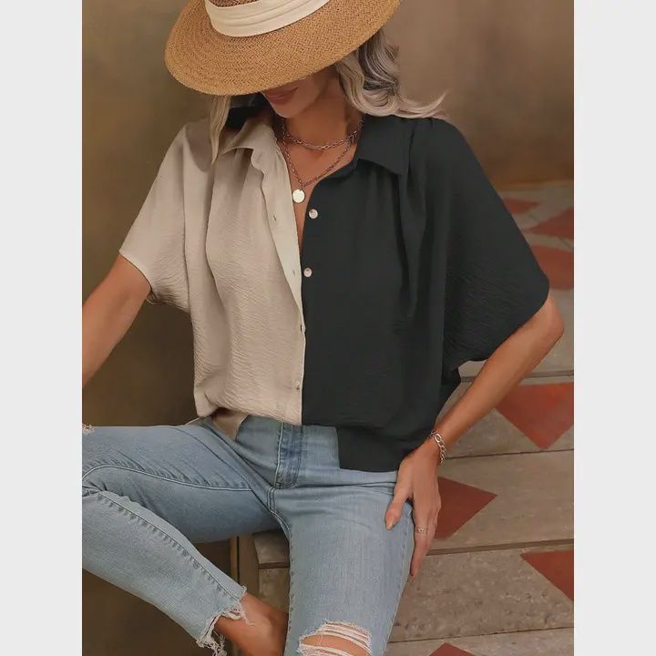 Colored Cardigan Button Short Sleeved Women's Top