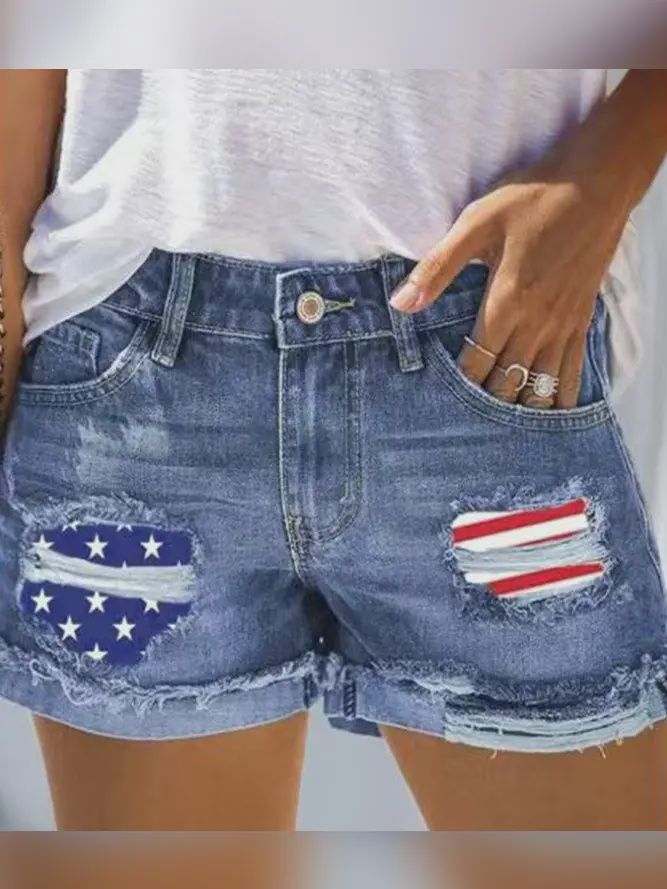 Us Flag Independence Day Patchwork Ripped Denim Shorts, Size: Small
