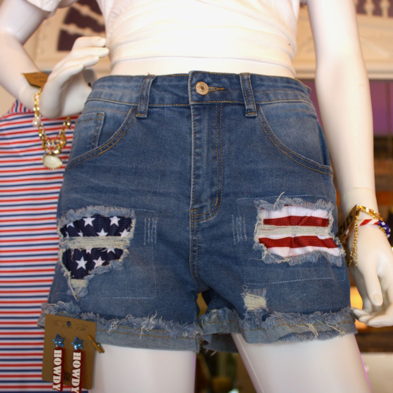 Us Flag Independence Day Patchwork Ripped Denim Shorts, Size: Small