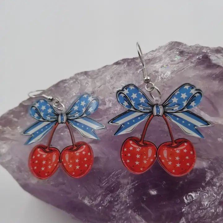Patriotic Bow Cherry Earrings - 4th of July