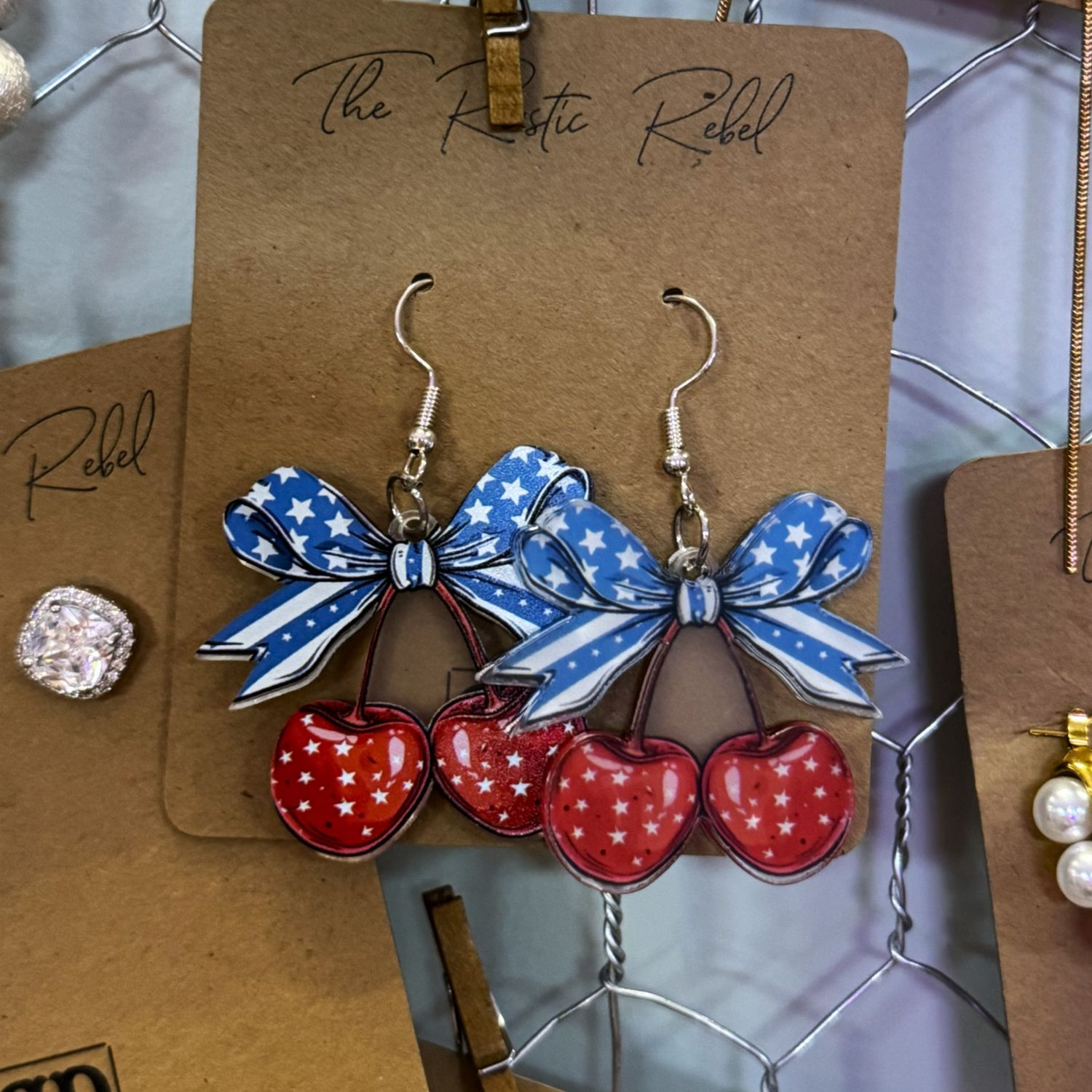 Patriotic Bow Cherry Earrings - 4th of July