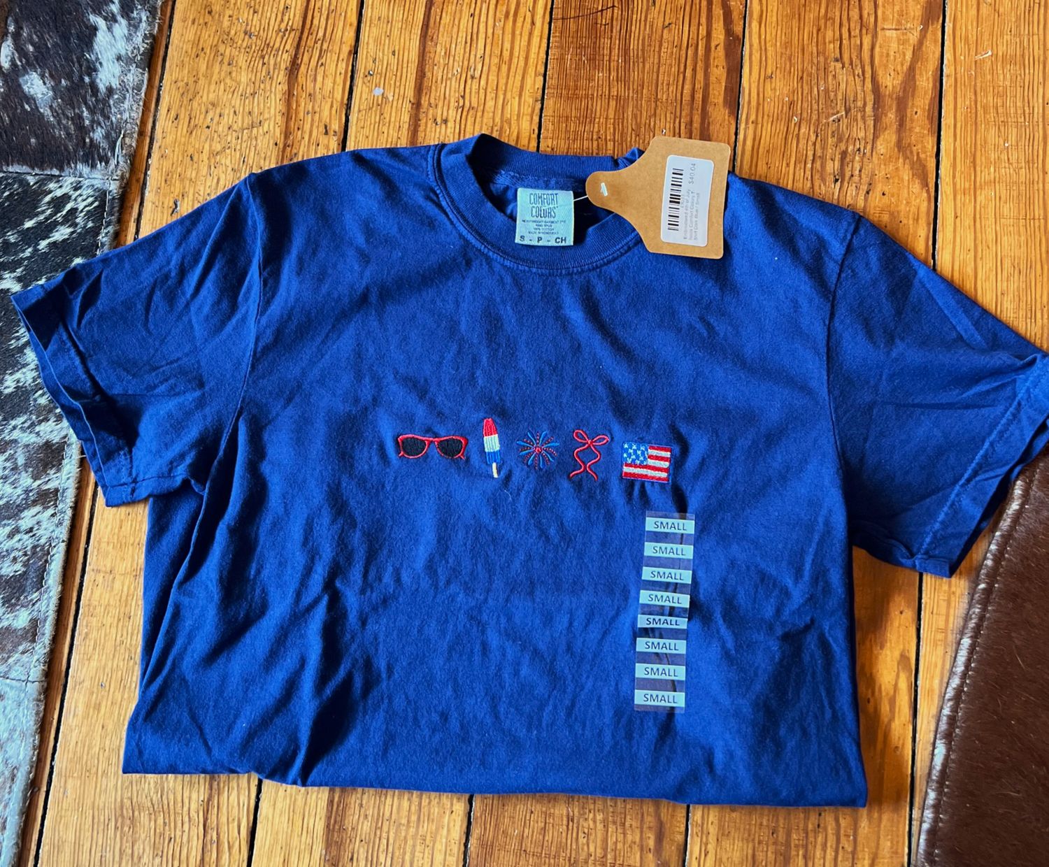 Embroidered 4th of July Icons Comfort Colors T-Shirt Dark Blue, Size: Small
