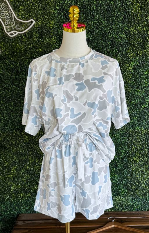 Casual Camo Short Sleeve Top and Drawstring Shorts Set