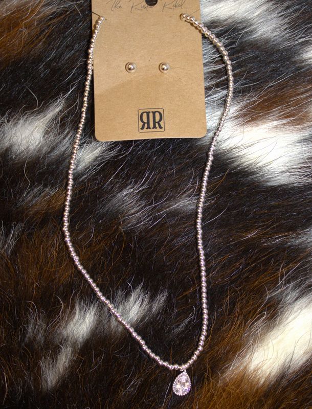 Silver Beaded Chain with Teardrop Rhinestone Necklace with Silver Ball Earrings