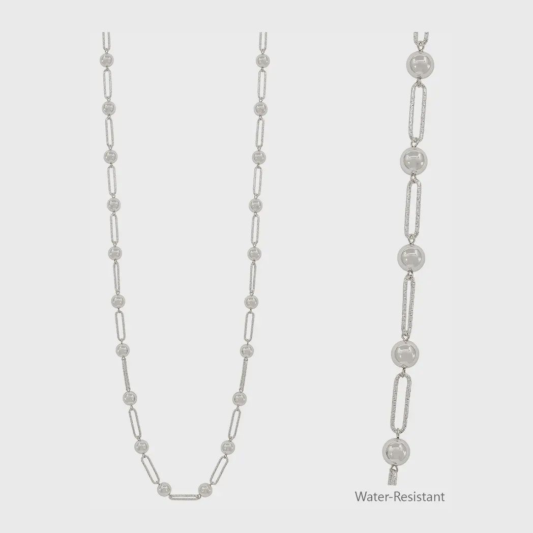 Water Resistant Silver Open Oval with Silver Bead 32" Necklace