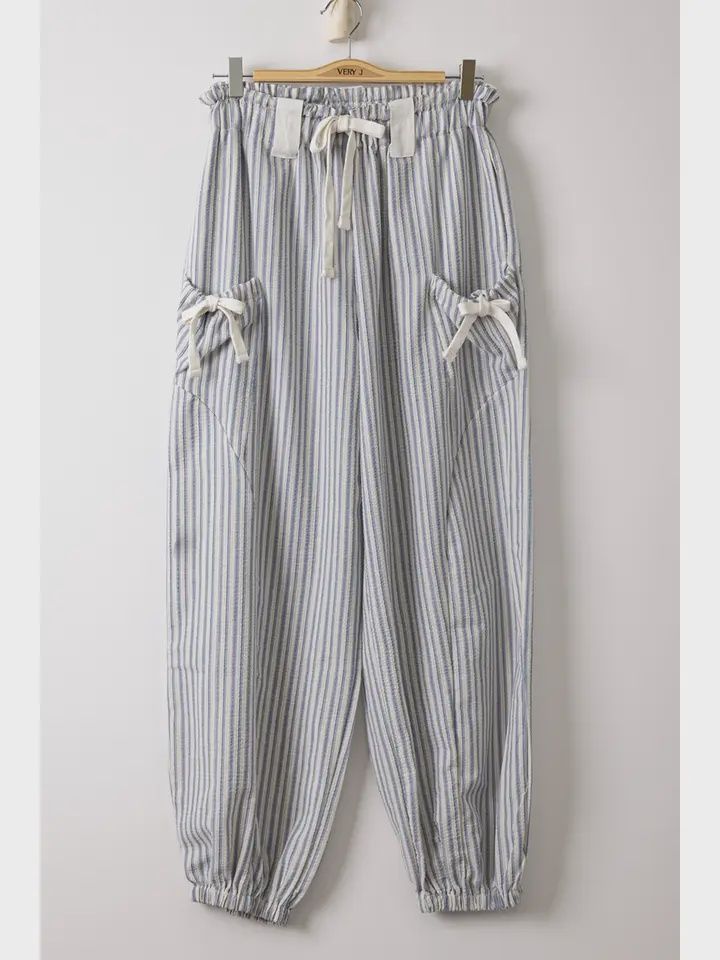Bow Detail Stripe Textured Woven Pants, Color: White/Denim, Size: Small