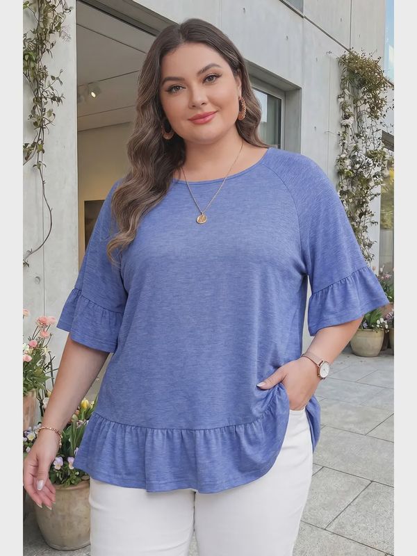 66 Ruffled Short Sleeve Plus Size Casual Blouse